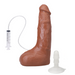 The Realistic Cock Squirting 9.5 Inch Suction Cup Dildo - Caramel features lifelike Ultraskyn material, a hand pump connected by a tube, a white suction cup base, and a small applicator.