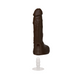 The Realistic Cock Squirting 9.5 Inch Suction Cup Dildo - Chocolate, made from lifelike Ultraskyn, stands upright with its removable white Vac-U-Lock suction cup attachment on a white background.