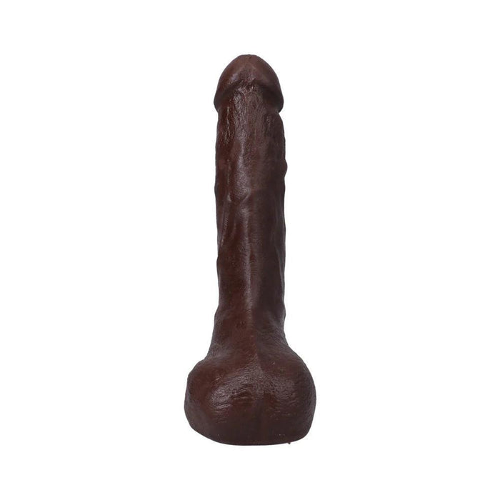 The Realistic Cock Squirting 9.5 Inch Suction Cup Dildo in Chocolate, made from Ultraskyn material, is shown against a white background.