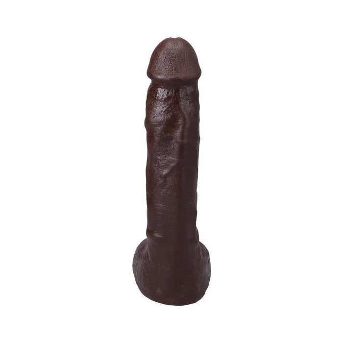 A 9.5-inch chocolate-colored Realistic Cock Squirting Dildo with a pointy tip, crafted from lifelike Ultraskyn material and featuring a suction cup.