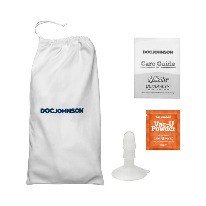 A white "Doc Johnson" pouch with a care guide, orange Vac-U Powder packet, and small plastic attachment—ideal for storing or maintaining your Realistic Cock Squirting 9.5 Inch Suction Cup Dildo - Chocolate.