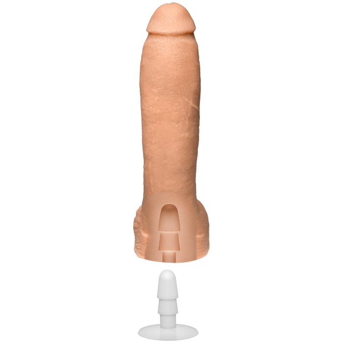 The Realistic Cock Squirting 9.5 Inch Suction Cup Dildo in vanilla, featuring lifelike silicone and a removable white rod and base, stands upright against a plain white background.