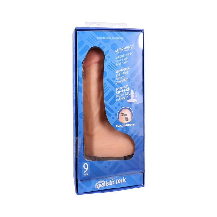 A boxed Realistic Cock Squirting 9.5 Inch Suction Cup Dildo in Vanilla, featuring lifelike dual-density UltraSkyn material, clear plastic packaging with blue accents—crafted for a realistic feel and squirting function.