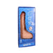 A boxed Realistic Cock Squirting 9.5 Inch Suction Cup Dildo in Vanilla, featuring lifelike dual-density UltraSkyn material, clear plastic packaging with blue accents—crafted for a realistic feel and squirting function.