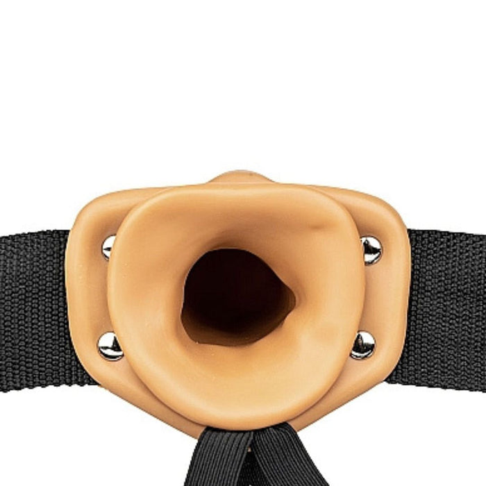 Caramel Realrock 6 Inch Hollow Dildo & Strap-on Harness close up of the hollow inner opening on a white background