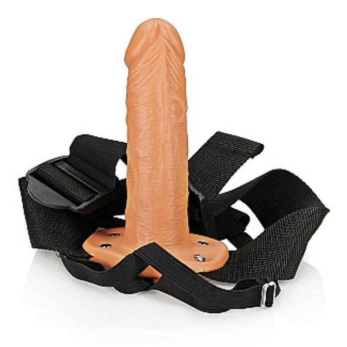 Entire Caramel Realrock 6 Inch Hollow Dildo & Strap-on Harness on a white background, standing vertically