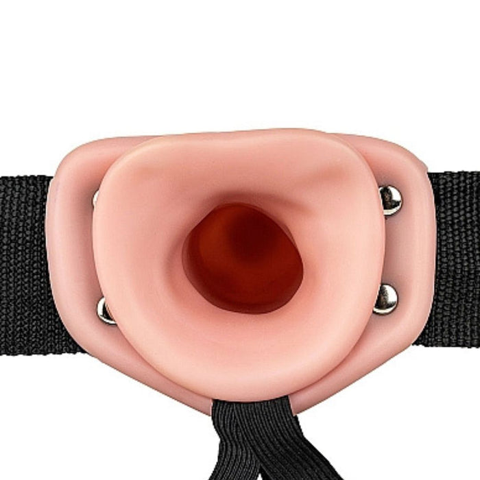 Vanilla Realrock 8 Inch Hollow Dildo & Strap-on Harness close up of the hollow inner opening on a white background