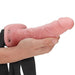 Vanilla Realrock 8 Inch Hollow Dildo & Strap-on Harness being held by a hand on a white background
