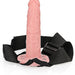 Entire Vanilla Realrock 8 Inch Hollow Dildo & Strap-on Harness on a white background, standing vertically