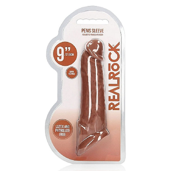 Realrock 9 Inch Penis Extender Sleeve with Ball Strap - Caramel