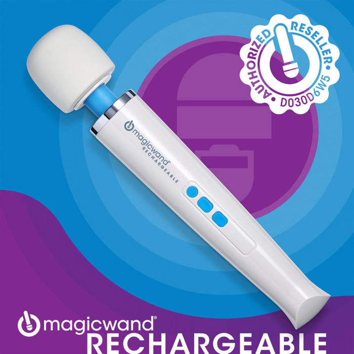 The Magic Wand Unplugged Rechargeable Cordless Wand Vibrator, in white and blue, is shown diagonally on a purple and blue background with the Magic Wand logo, "Rechargeable" label, and an "Authorized Reseller" badge at the top right.