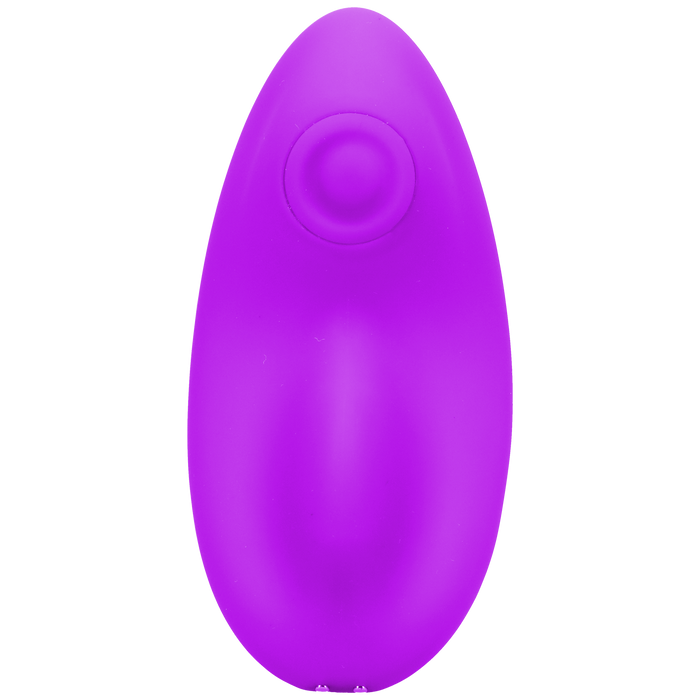The Remote Controlled Panty Vibrator for Beginners in a Bag by Doc Johnson is a small, sleek, purple, oval-shaped silicone device with a circular indentation near the top. The smooth surface and modern design are complemented by its powerful vibrating functions for added versatility.