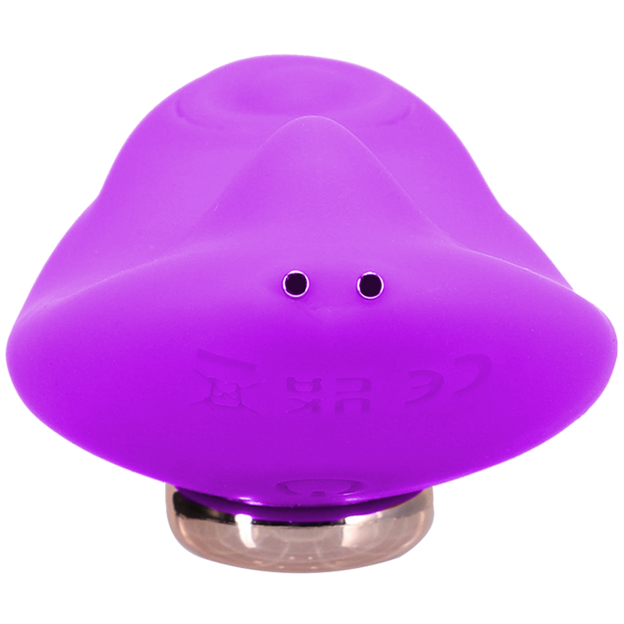 A vibrant purple Remote Controlled Panty Vibrator for Beginners in a Bag from Doc Johnson, features a smooth, abstract form that resembles a futuristic gadget or modern art piece. It has two small circular features on one side and sits on a reflective base. Subtle engraved markings and powerful vibrating functions add to its intriguing appearance.