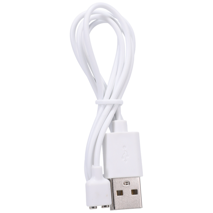 The Remote Controlled Panty Vibrator for Beginners in a Bag by Doc Johnson comes with a white USB cable featuring a standard Type-A connector on one end and a micro-USB connector on the other, neatly coiled to offer an eco-friendly solution for your connectivity needs.