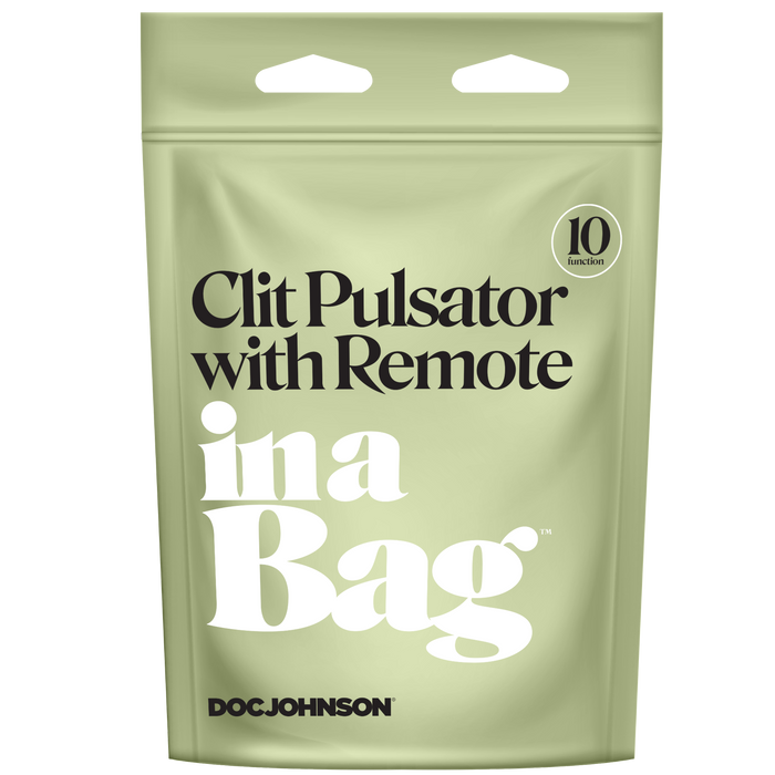 A green, rectangular package labeled "Remote Controlled Panty Vibrator for Beginners in a Bag" with "Doc Johnson" branding at the bottom. The eco-friendly packaging also highlights "10 powerful vibrating functions" in a circular label on the upper right corner.