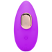 A small, oval-shaped, purple Remote Controlled Panty Vibrator for Beginners in a Bag by Doc Johnson, featuring a gold button on top and a power symbol near the bottom. The device appears to be made of a smooth, soft material and has an eco-friendly design.