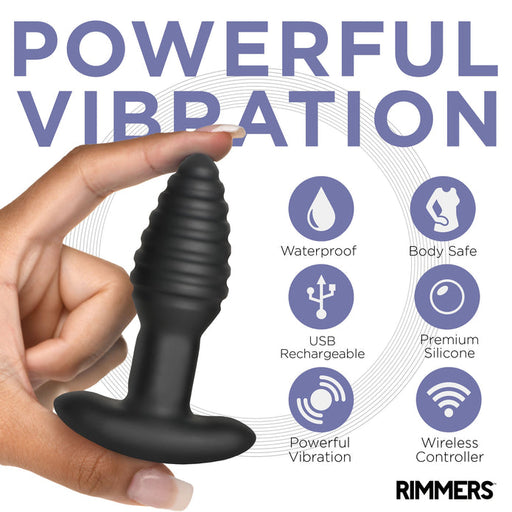 A hand holds the Rimmers Textured Rotating Rimming Butt Plug with Remote. "Powerful Vibration" is written above. Icons highlight waterproof, body-safe silicone, USB rechargeable, powerful vibration, and remote control features.