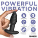 A hand holds the Rimmers Textured Rotating Rimming Butt Plug with Remote. "Powerful Vibration" is written above. Icons highlight waterproof, body-safe silicone, USB rechargeable, powerful vibration, and remote control features.