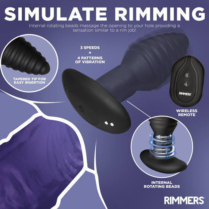 The Rimmers Textured Rotating Rimming Butt Plug with Remote is a black anal plug featuring a ridged shaft, flared base, tapered tip for easy insertion, internal rotating beads, 3 speeds, and 4 vibration patterns. Wireless remote included.