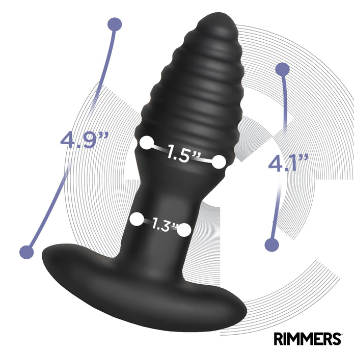 The Rimmers Textured Rotating Rimming Butt Plug with Remote, shown against a graphic background, is a black ribbed vibrating anal plug with a flared base. Measurements: 4.9" length, 4.1" insertable, 1.5" max width, 1.3" base width.