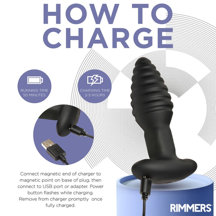 The Rimmers Textured Rotating Rimming Butt Plug with Remote, shown in black and charging via USB, offers a 50-minute run time after 2-3 hours of charging. Instructions explain how to properly charge this rimming plug.