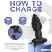The Rimmers Textured Rotating Rimming Butt Plug with Remote, shown in black and charging via USB, offers a 50-minute run time after 2-3 hours of charging. Instructions explain how to properly charge this rimming plug.