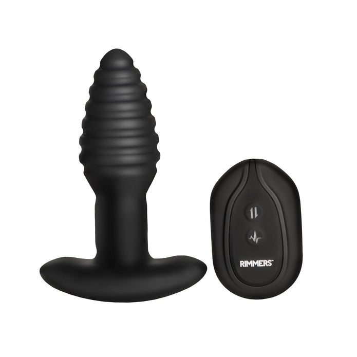 The Rimmers Textured Rotating Rimming Butt Plug with Remote is shown in black silicone with a ribbed design, flared base, and comes with a matching wireless remote labeled "RIMMERS" featuring two buttons.