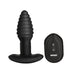 The Rimmers Textured Rotating Rimming Butt Plug with Remote is shown in black silicone with a ribbed design, flared base, and comes with a matching wireless remote labeled "RIMMERS" featuring two buttons.