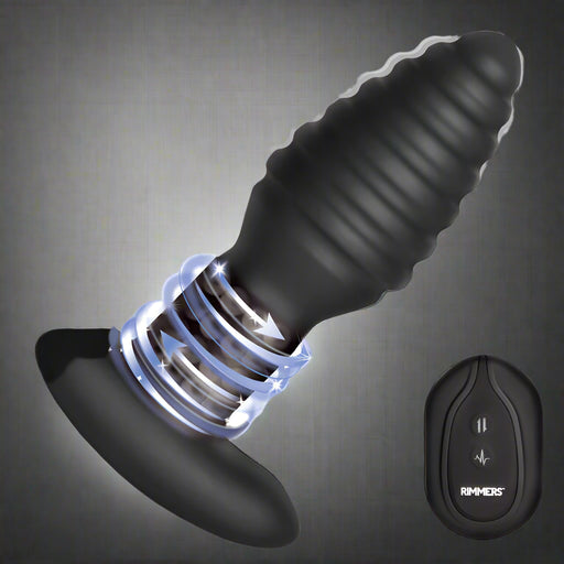 The Rimmers Textured Rotating Rimming Butt Plug with Remote is shown in black, featuring ribbed textures, a flared base, and a matching remote labeled “RIMMERS” with buttons for easy control. Glowing lines highlight its vibrating function.