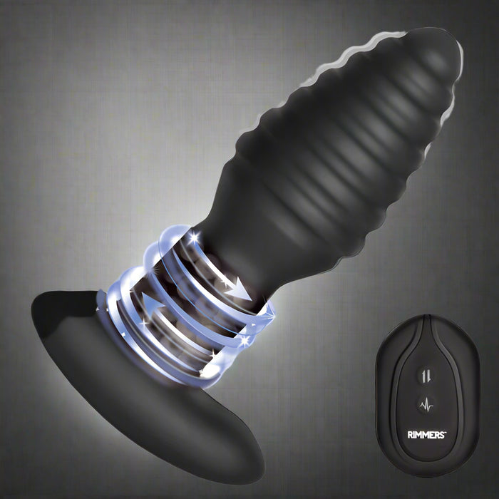 The Rimmers Textured Rotating Rimming Butt Plug with Remote is shown in black, featuring ribbed textures, a flared base, and a matching remote labeled “RIMMERS” with buttons for easy control. Glowing lines highlight its vibrating function.