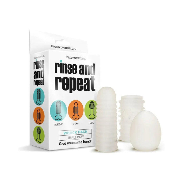 Rinse and Repeat Whack Pack Set of 3 Strokers - Photo of the  strokers next to the product box