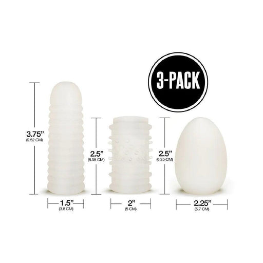 Rinse and Repeat Whack Pack Set of 3 Strokers - Photo showcasing each strokers dimensions. Sleeve 3.75" long, 1.5" wide. Cuff 2.5" long, 2" wide. Egg 2.5" long, 2.25" wide
