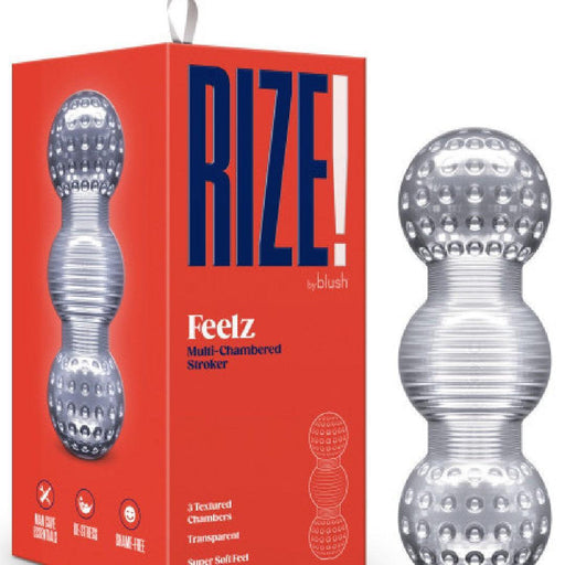 Rize Feelz Clear Textured Stroker next to box 