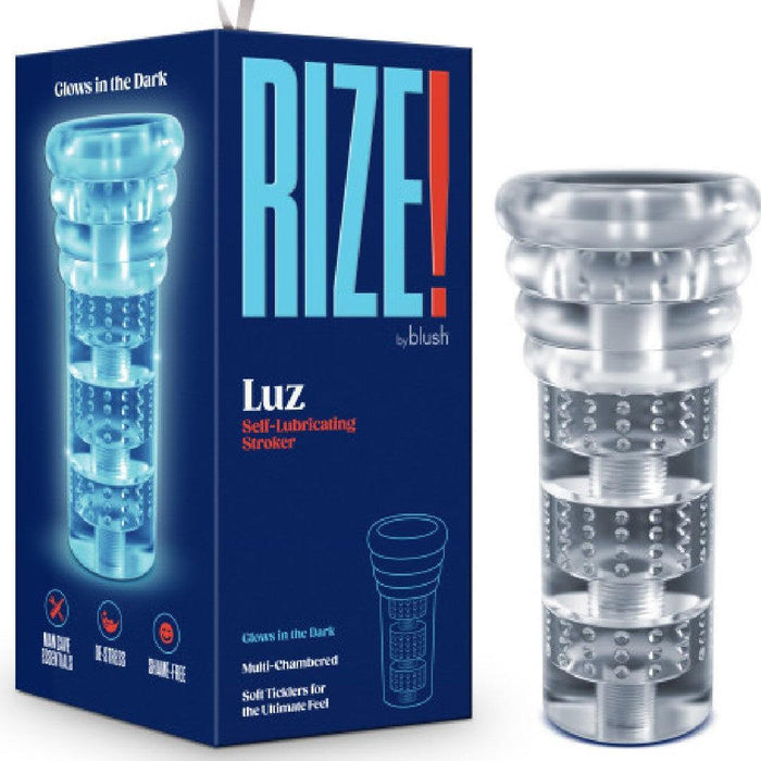 Rize Luz Self Lubricating Glow in the Dark Stroker next to box 