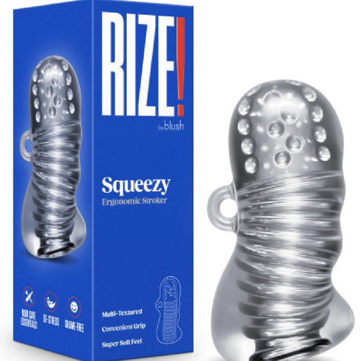 Rize Squeezy Clear Textured Stroker next to box 