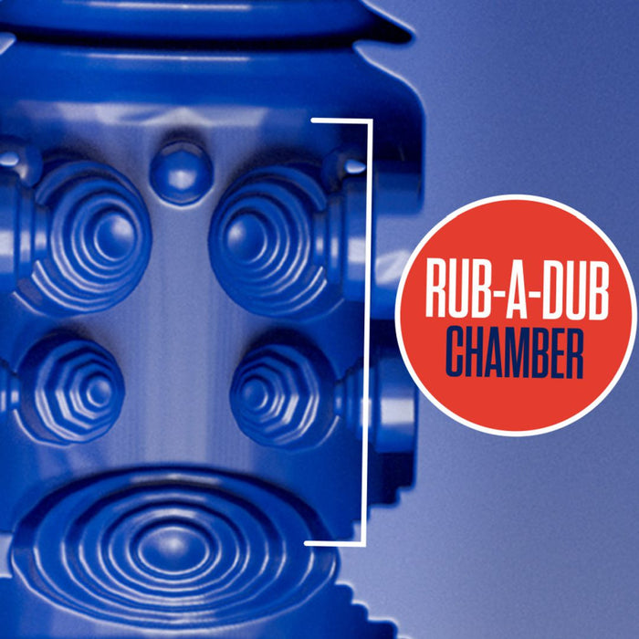 A close-up image of a Blush Rize Turbine Self Lubricating Extra Soft Stroker - Blue with circular and winding patterns, featuring a red and white tag labeled "rub-a-dub chamber" on the front.