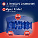 An image of a blue cylindrical Rize Turbine Self Lubricating Extra Soft Stroker, titled "3 pleasure chambers for erotic feel," indicating features like "fits all sizes" and includes sections labeled "foreplay chamber.