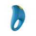 The Romp Juke Silicone Vibrating Couples Cock Ring is a blue, waterproof silicone ring with a looped handle, yellow button on top, and “ROMP” embossed on the side, designed for style and function, shown against a white background.