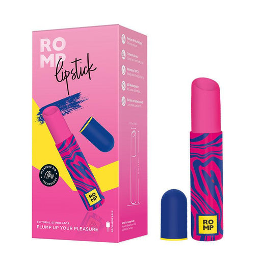 Image of a WOW Romp Lipstick First Time Pleasure Air Clitoris Stimulator Vibrator standing next to its vibrant, zebra-patterned packaging in pink and blue. The box highlights product features, such as Pleasure Air Technology, designed to enhance pleasure and stimulate clitoral orgasms.