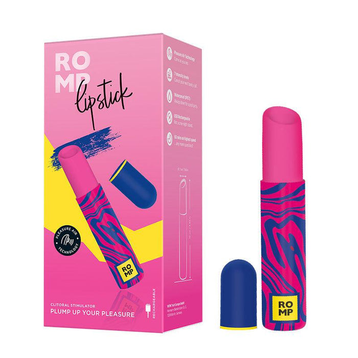 Image of a WOW Romp Lipstick First Time Pleasure Air Clitoris Stimulator Vibrator standing next to its vibrant, zebra-patterned packaging in pink and blue. The box highlights product features, such as Pleasure Air Technology, designed to enhance pleasure and stimulate clitoral orgasms.