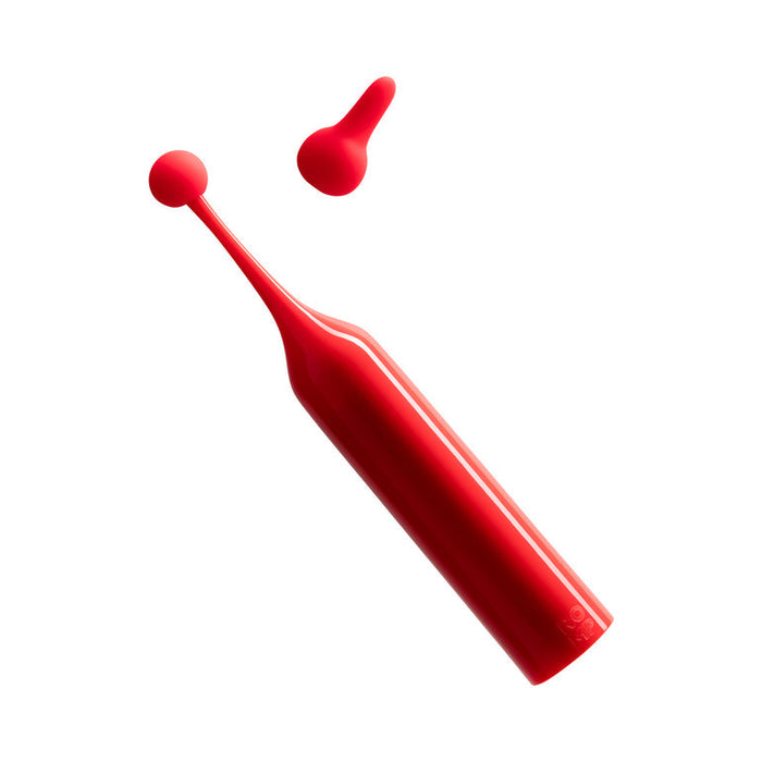 The Romp Pop Pinpoint Clitoral Stimulator with 2 Heads in bright red, featuring a rounded tip and an extra head shown separately on a white background—engineered with high-frequency technology for precise stimulation.