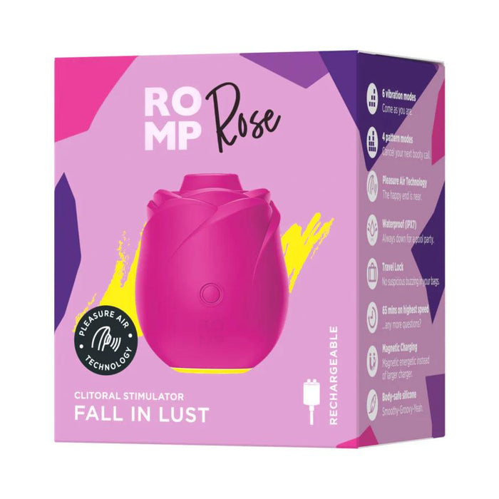 A pink box labeled "Romp Rose 2 Pleasure Air Clitoris Stimulator" displays a rose-shaped silicone vibrator with waterproof design, Pleasure Air Technology, multiple vibration modes, and a rechargeable feature.