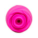 The Romp Rose 2 Pleasure Air Clitoris Stimulator, seen from above, is a bright pink silicone device shaped like a rose with layered petals and a small central hole for clitoral stimulation against a white background.