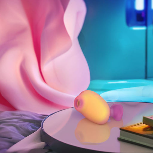 The Romp Kiss Beginner Air Pulsation Clitoral Stimulator, with its glowing ergonomic design in yellow and pink, rests on a reflective surface. The backdrop includes pink-and-blue drapery and a stack of books, while ambient lighting enhances the dreamy artistic atmosphere.