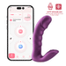 The Rora 2 App-Controlled Rotating G-Spot Vibrator & Clit Stimulator by Honey Play Box, crafted from body-safe purple silicone in an L-shape, is shown beside a smartphone app with interactive control options.