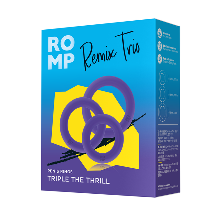 A blue box of Romp Remix Cock Ring Trio shows three purple rings and the slogan "Triple the Thrill." Made from body-safe silicone, the packaging features branding and product info in English and other languages.