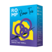 A blue box of Romp Remix Cock Ring Trio shows three purple rings and the slogan "Triple the Thrill." Made from body-safe silicone, the packaging features branding and product info in English and other languages.