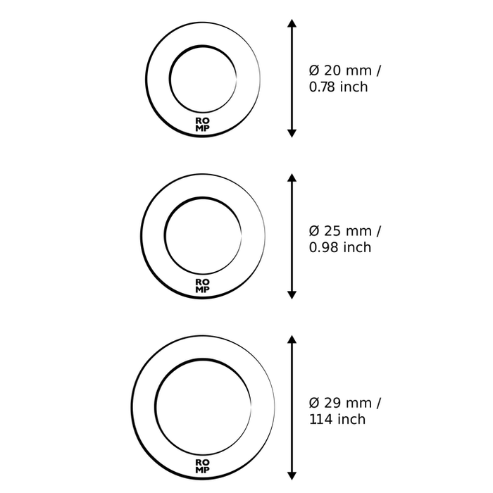 Three circles labeled 20 mm (0.78”), 25 mm (0.98”), and 29 mm (1.14”) show the "ROMP" logo below, with arrows illustrating increased size. The Romp Remix Cock Ring Trio offers body-safe silicone for enhanced, longer-lasting erections.