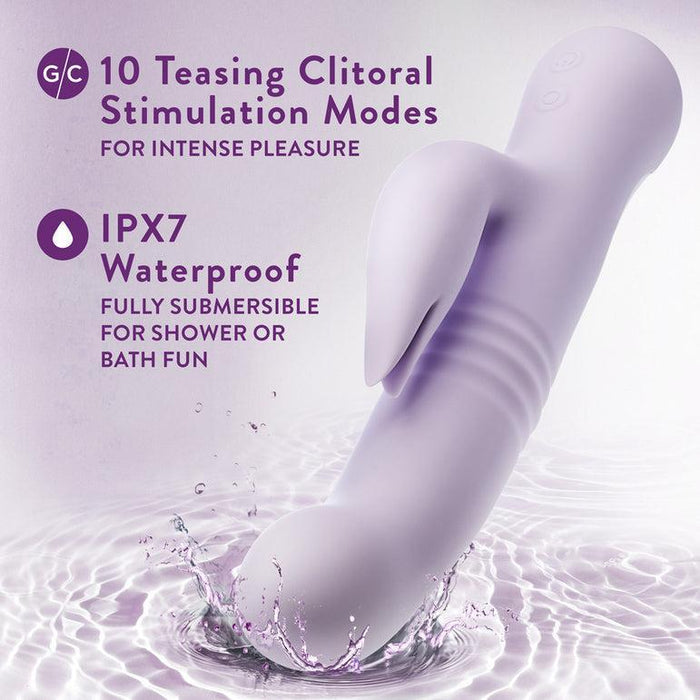 A lavender-colored Blush Rylee Clit Fluttering G-Spot Thrusting Rabbit personal massager is shown partially submerged in water. Text on the image highlights features like "10 Teasing Clitoral Stimulation Modes" for intense pleasure, "G-spot stimulation" for ultimate satisfaction, and "IPX7 Waterproof" for full submersion in water.
