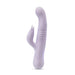 The image showcases the Blush Rylee Clit Fluttering G-Spot Thrusting Rabbit, a light purple dual-stimulation vibrator designed for both internal and external use. Its smooth, curved shape features a smaller external stimulator attachment for clitoral massaging. The handle includes a slightly ribbed texture for grip, enhancing G-spot stimulation experiences.